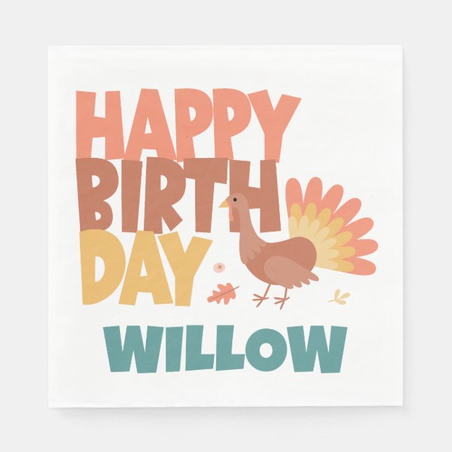 Thanksgiving Turkey Gobble Gobble Happy Birthday Napkin (Front)