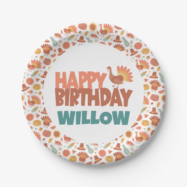 Thanksgiving Turkey Gobble Gobble Happy Birthday Paper Plate (Front)