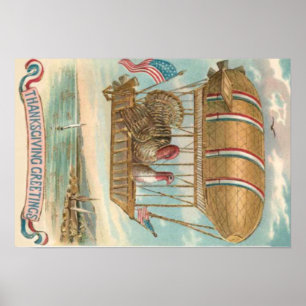 Thanksgiving Turkey Hot Air Balloon US Flag Poster