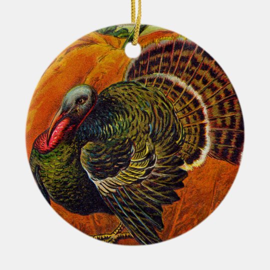 Thanksgiving Turkey in front of a Orange Pumpkin Ceramic Ornament