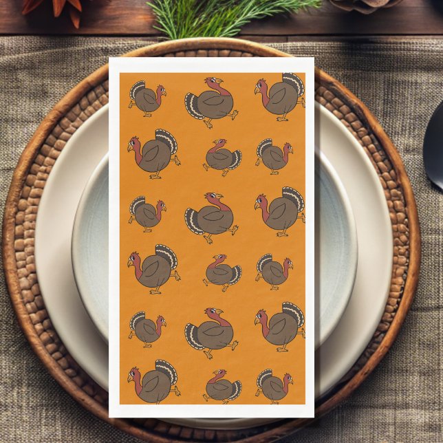 Thanksgiving Turkey Orange Paper Guest Towels Napkin (Cute dancing turkeys paper guest towels perfect for your Thanksgiving celebration)