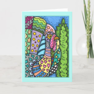 THANKSGIVING TURKEY, PATCHWORK FEATHERS, FOLK ART CARD