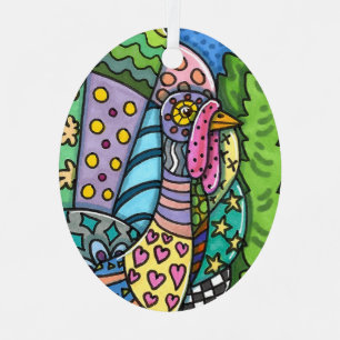 THANKSGIVING TURKEY, PATCHWORK FEATHERS, FOLK ART METAL ORNAMENT