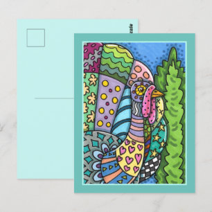 THANKSGIVING TURKEY, PATCHWORK FEATHERS, FOLK ART POSTCARD