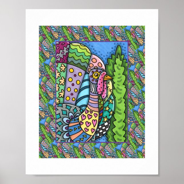 THANKSGIVING TURKEY, PATCHWORK FEATHERS, FOLK ART POSTER (Front)