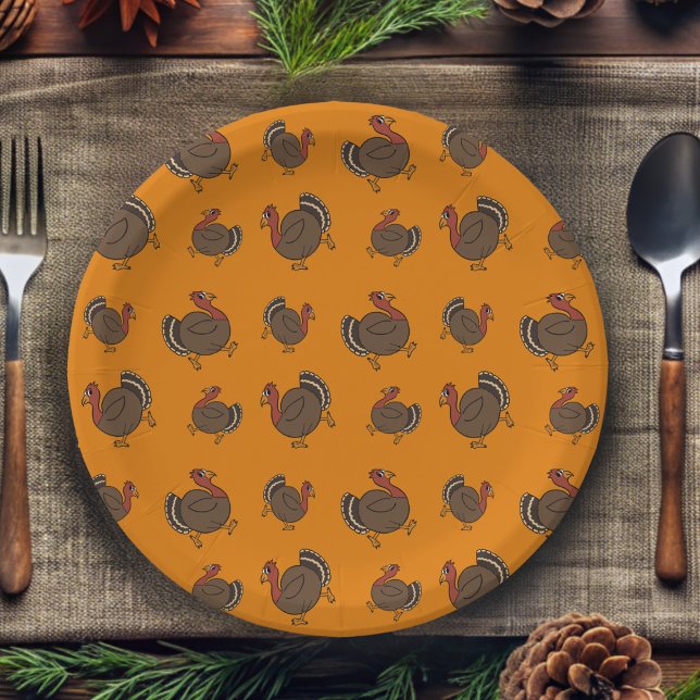 Thanksgiving Turkey Pattern Cute Orange Paper Plate (Fun turkey pattern paper plate perfect for Thanksgiving)