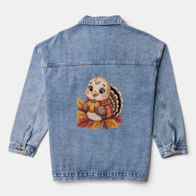 Thanksgiving turkey pumpkin fall leaves denim jacket (Back)