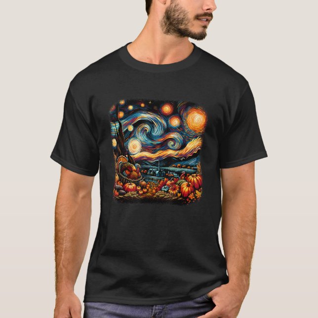 Thanksgiving Turkey Pumpkin Harvest Starry Night V T-Shirt (Front)