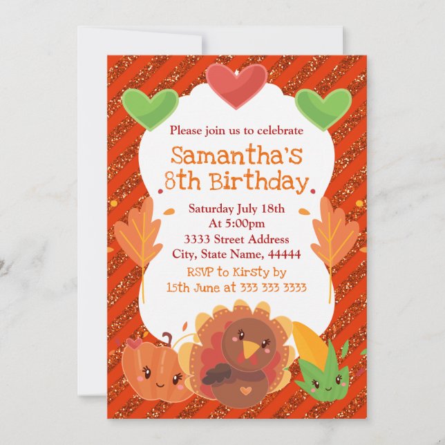 Thanksgiving Turkey Pumpkin Sweetcorn Birthday Invitation (Front)