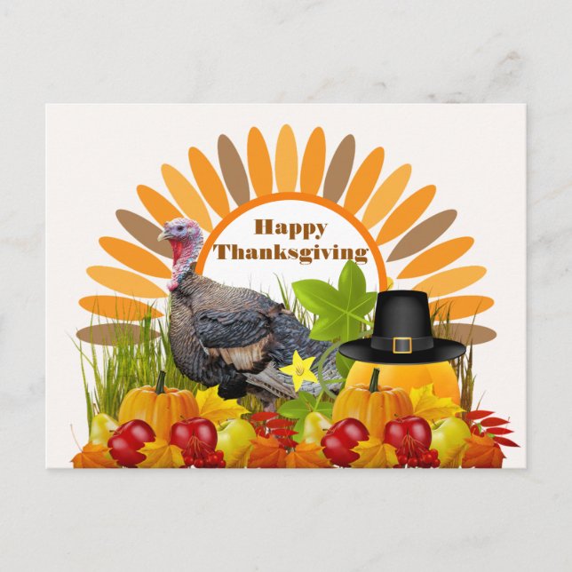 Thanksgiving Turkey, Pumpkins Holiday Postcard (Front)