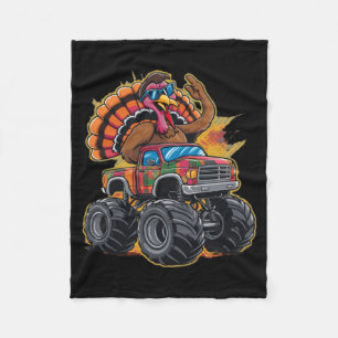 Thanksgiving Turkey Riding Monster Truck Boys Kids Fleece Blanket