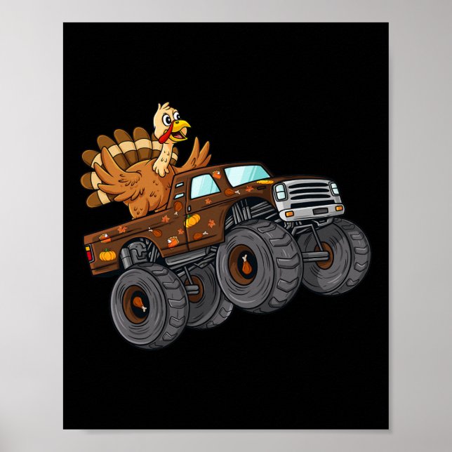 Thanksgiving Turkey Riding Monster Truck Boys Kids Poster (Front)