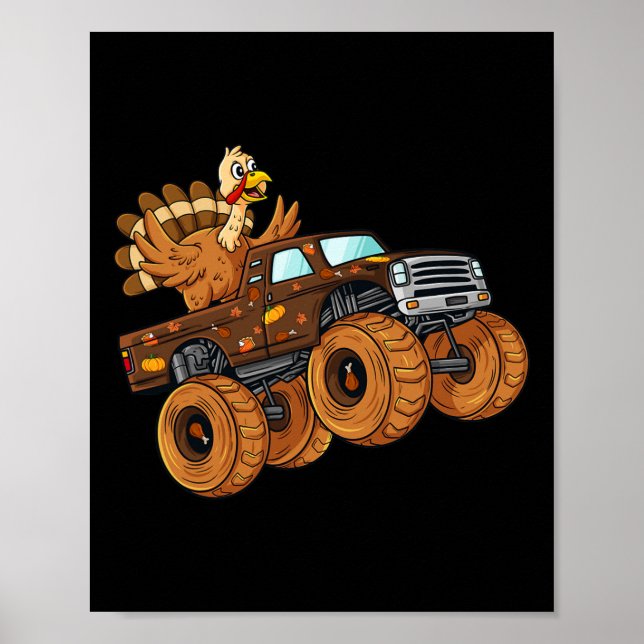 Thanksgiving Turkey Riding Monster Truck Boys Kids Poster (Front)