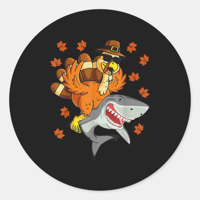 Thanksgiving Turkey Riding Shark Funny Autumn Boys Classic Round Sticker (Front)