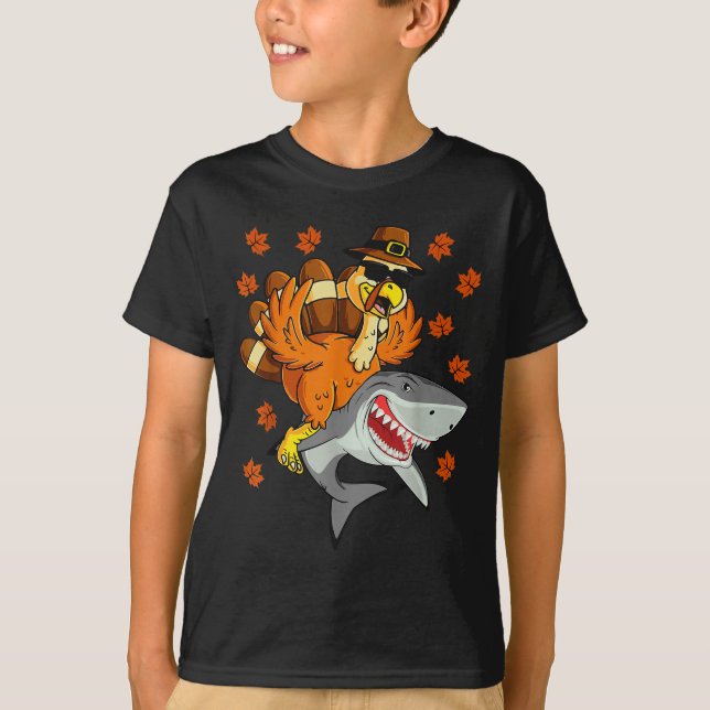 Thanksgiving Turkey Riding Shark Funny Autumn Boys T-Shirt (Front)