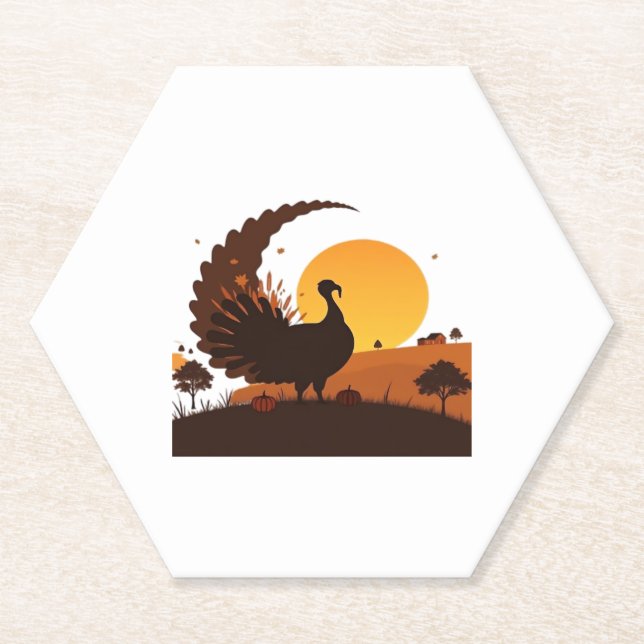 Thanksgiving Turkey Silhouette – Sunset Harvest Sc Paper Coaster (Front)
