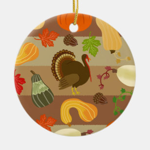 Thanksgiving Turkey Squash Autumn Harvest Pattern Ceramic Ornament