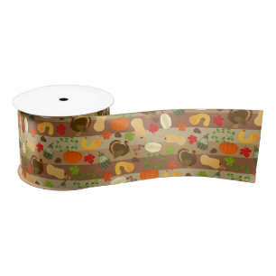Thanksgiving Turkey Squash Autumn Harvest Pattern Satin Ribbon