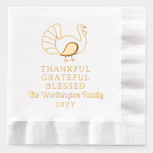 Thanksgiving Turkey Thankful Grateful Blessed Foil Napkins