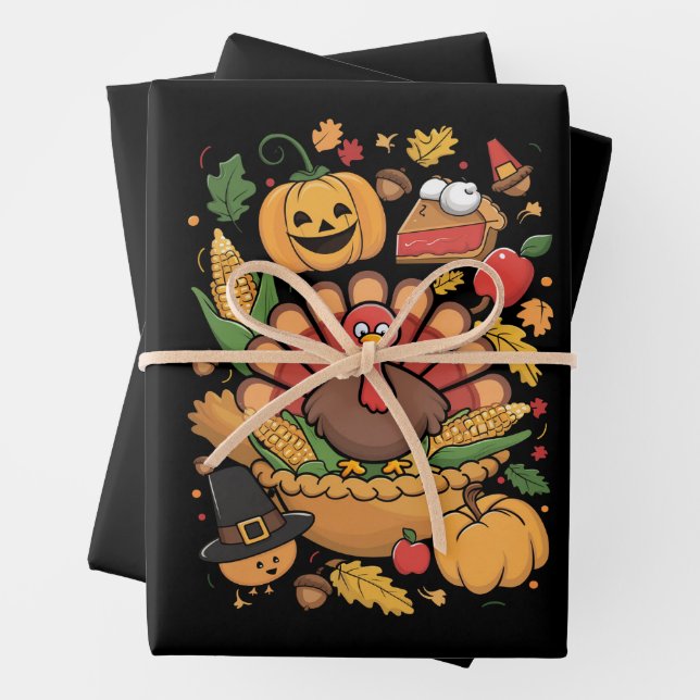 Thanksgiving Turkey Thankful Pie Fall Family Wrapping Paper Sheet (In situ)