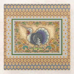 THANKSGIVING TURKEY UNICORN, WHIMSICAL FANTASY GLASS COASTER