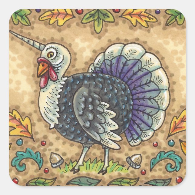 THANKSGIVING TURKEY UNICORN, WHIMSICAL FANTASY SQUARE STICKER (Front)