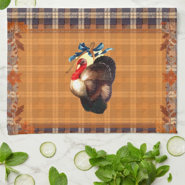 Thanksgiving Turkey Wishes on Plaid Kitchen Towel (Folded)