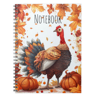 Thanksgiving Turkey with Autumn Leaves and Pumpkin Notebook