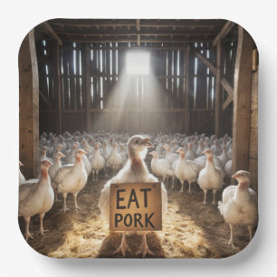 Thanksgiving Turkey With "Eat Pork" Sign Paper Plate