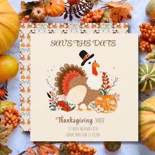 Thanksgiving Turkey With Pumpkins And Autumn Leave Save The Date