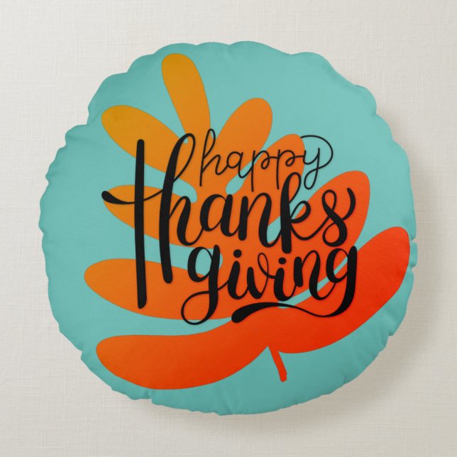Thanksgiving Typography With Fall Leaf  Round Pillow (Front)