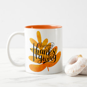 Thanksgiving Typography With Fall Leaf Two-Tone Coffee Mug