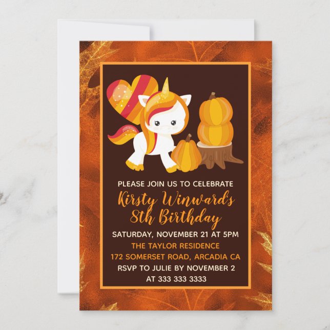 Thanksgiving Unicorn Pumpkin Birthday Invitation (Front)