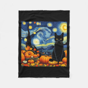 Thanksgiving Van Gogh Starry Night Black Cat Pumpk Fleece Blanket