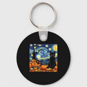 Thanksgiving Van Gogh Starry Night Black Cat Pumpk Keychain