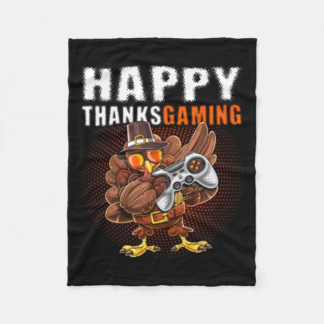 Thanksgiving Video Game Dabbing Turkey Pilgrim Boy Fleece Blanket (Front)