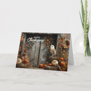 Thanksgiving Vintage Barn Owl and Barn Wood Autumn Holiday Card