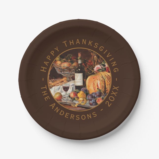 Thanksgiving Vintage Pumpkin Autumn Fruits Brown Paper Plate (Front)