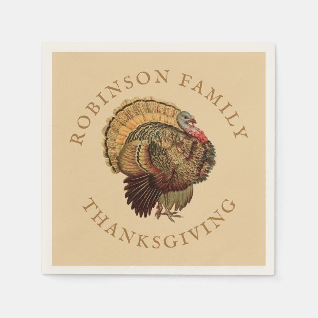 Thanksgiving Vintage Turkey Custom Family Name Napkin (Front)