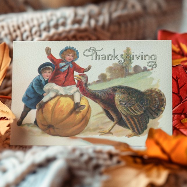 Thanksgiving Vintage turkey Pumpkin Kids Postcard (Creator Uploaded)