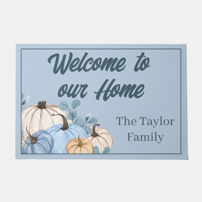 Thanksgiving Watercolor Blue Pumpkin Patch Doormat (Front)