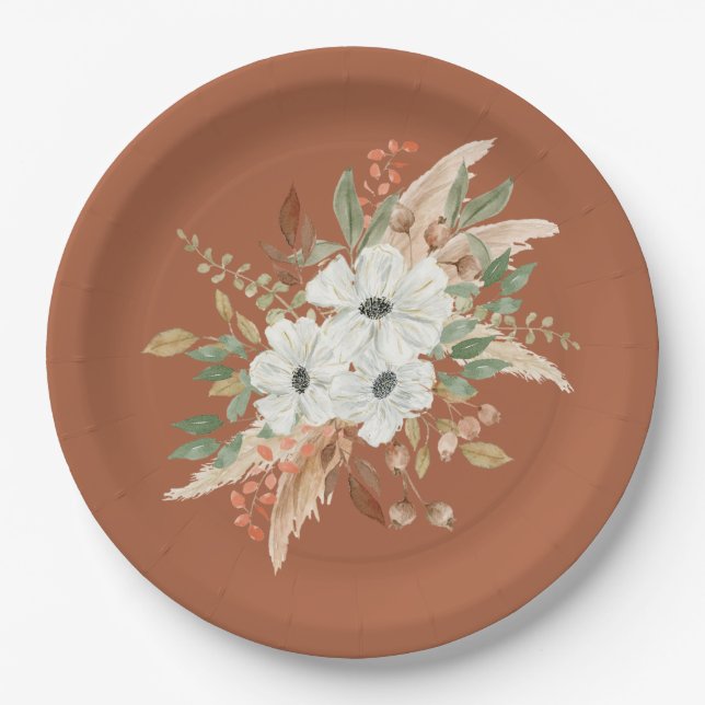 Thanksgiving Watercolor Fall Floral Paper Plate (Front)