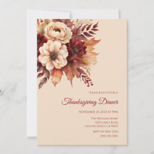 Thanksgiving-Watercolor Fall Flowers-Cream and Red Invitation
