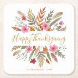 THANKSGIVING WATERCOLOR FALL FOLIAGE PAPER COASTER<br><div class="desc">Custom Thanksgiving Dinner Paper Coasters.  Festive fall foliage in boho motif with watercolor leaves and bright flowers.  Click Customize to change the text or background colour.</div>
