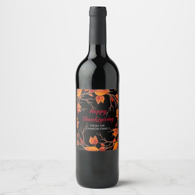 Thanksgiving Watercolor Fall Leaves Personalized Wine Label (Front)