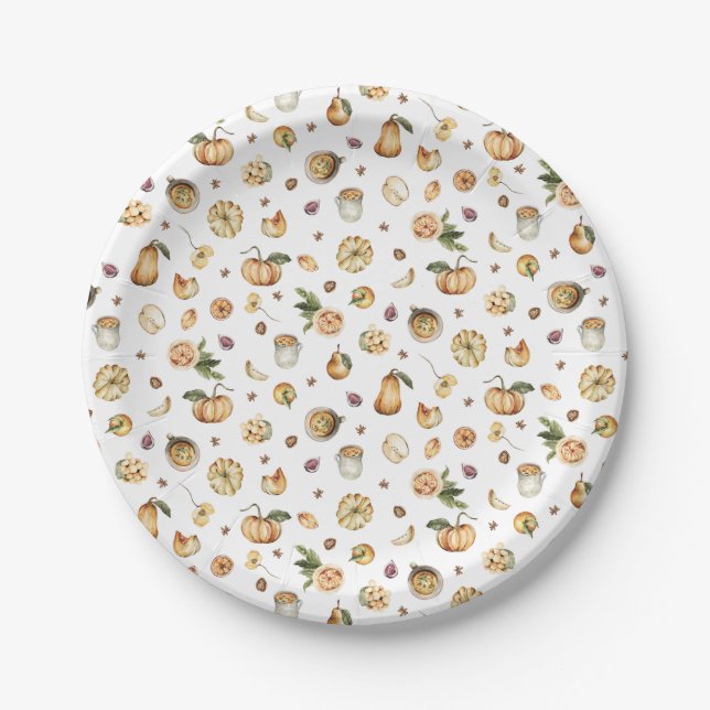 Thanksgiving Watercolor Fall Pumpkin Foods Paper Plate (Front)