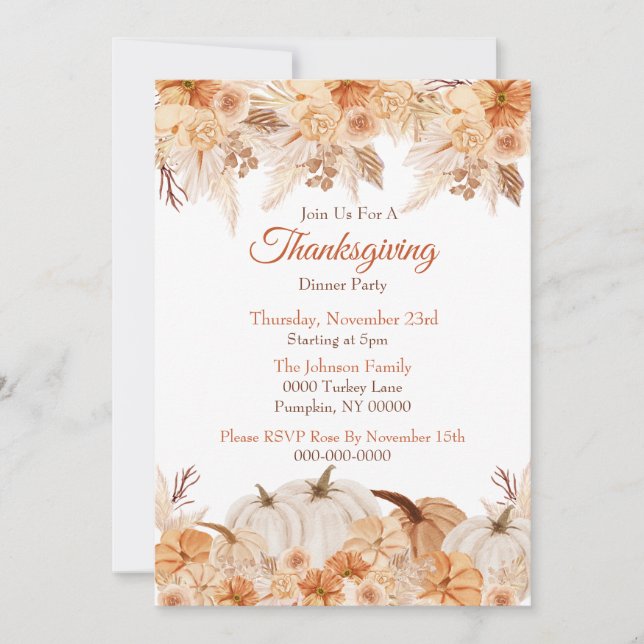 Thanksgiving Watercolor Floral and Pumpkin  Invitation (Front)