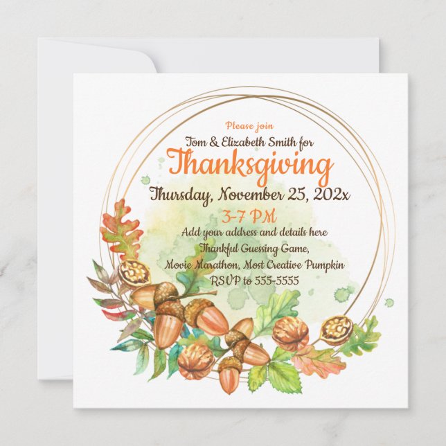 Thanksgiving Watercolor Nuts Invitation (Front)