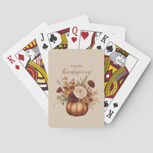 Thanksgiving-Watercolor Pumpkin and Flowers- Playing Cards (Back)