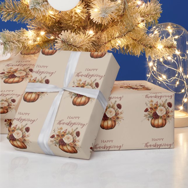 Thanksgiving-Watercolor Pumpkin and Flowers- Wrapping Paper (Holidays)